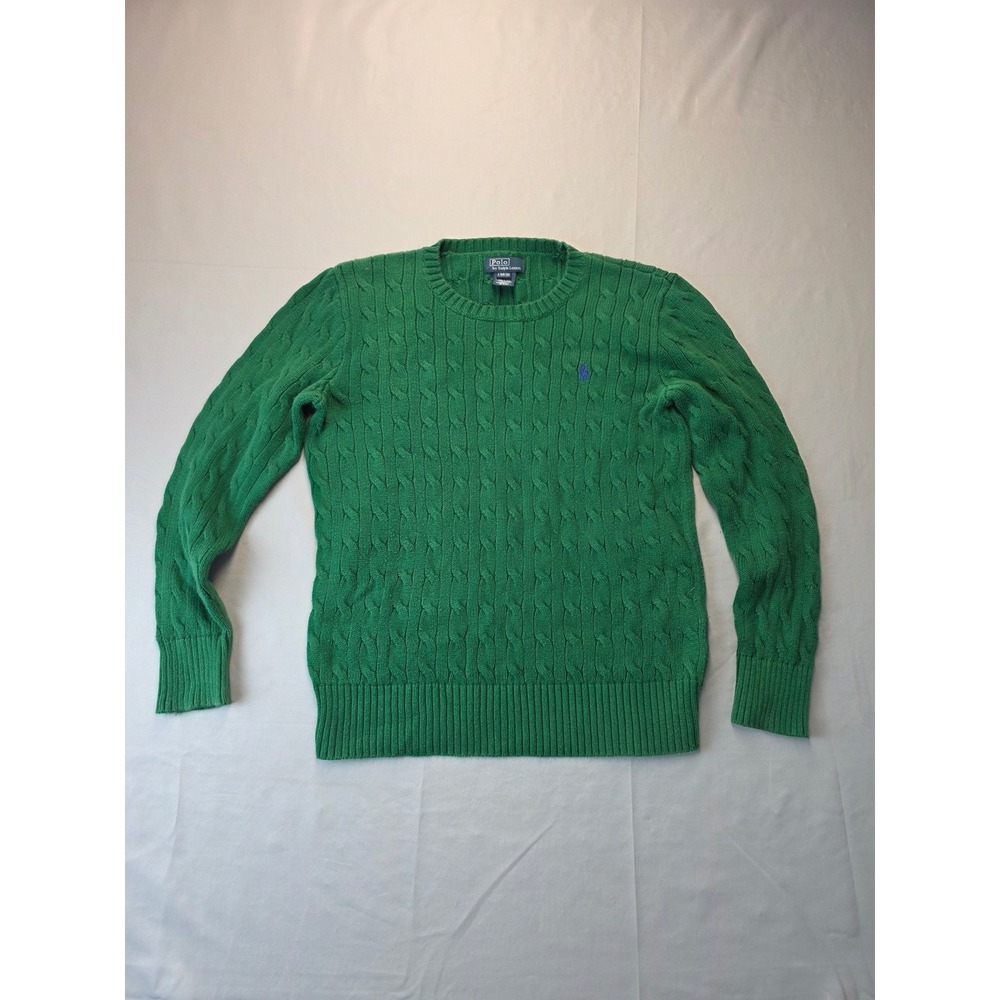 Polo Ralph Lauren Kids Green Cable Knit Crew Neck Sweater Size L 14-16 Blue Pony